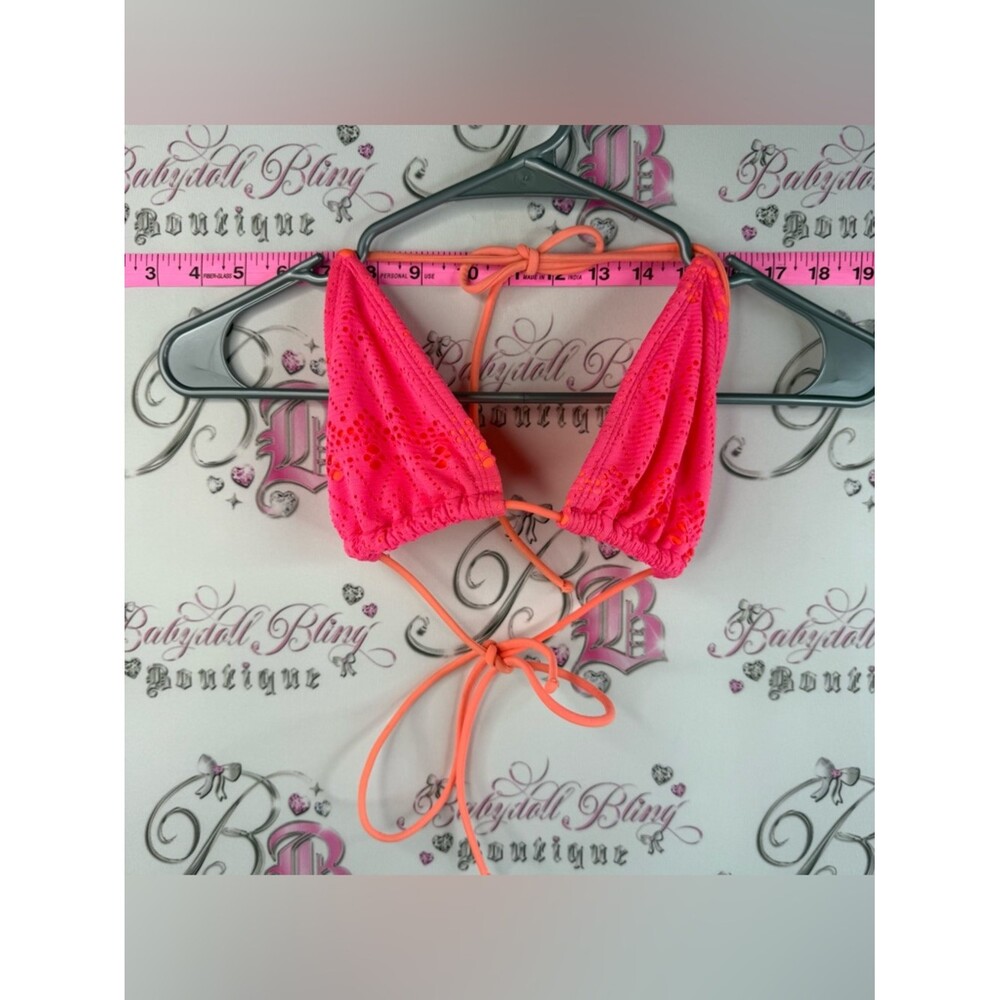 G21 Bikini Top Neon Pink Crochet Triangle Bikini Top with Orange Ties Y2K Neon